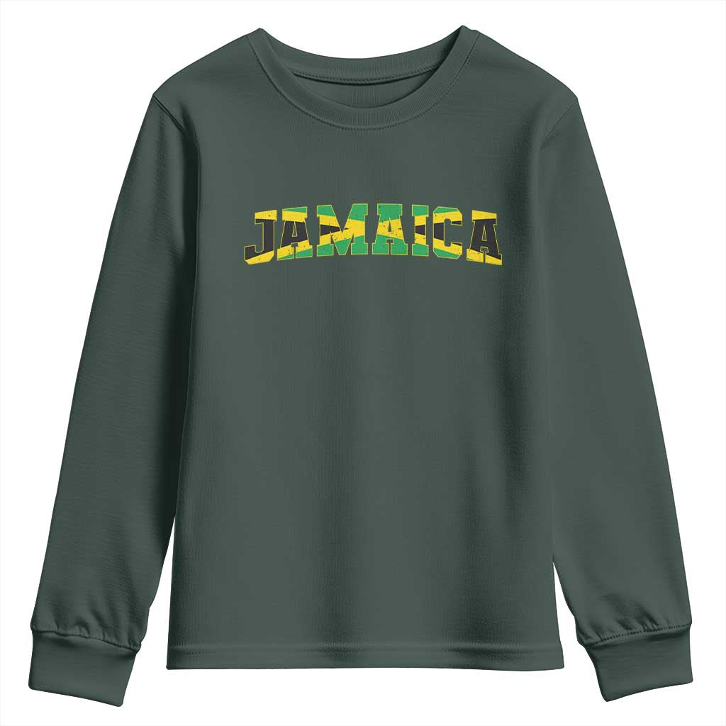Jamaican Pride Youth Sweatshirt Retro Jamaica Flag Distressed Varsity Lettering Style TS10 Dark Forest Green Print Your Wear