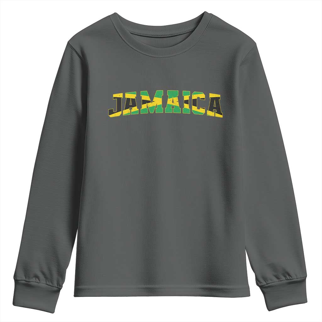 Jamaican Pride Youth Sweatshirt Retro Jamaica Flag Distressed Varsity Lettering Style TS10 Dark Heather Print Your Wear