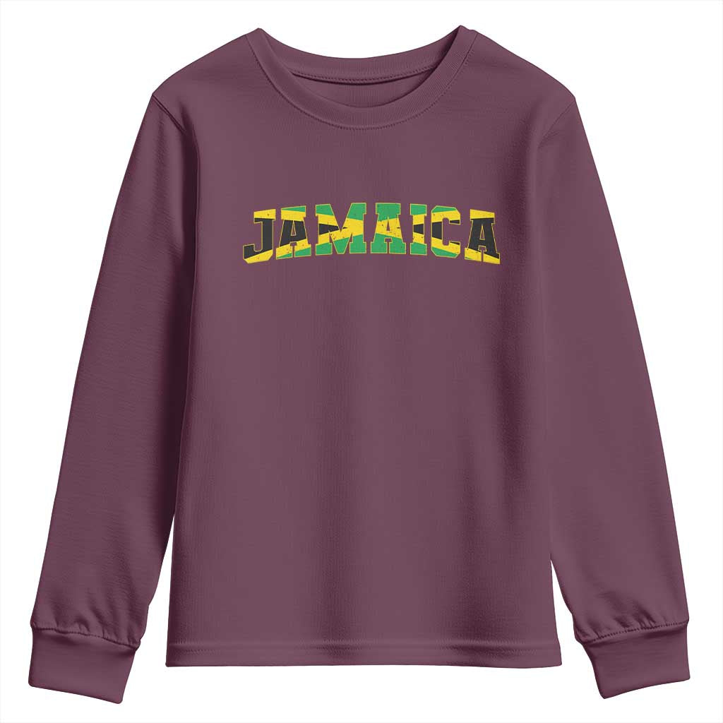 Jamaican Pride Youth Sweatshirt Retro Jamaica Flag Distressed Varsity Lettering Style TS10 Maroon Print Your Wear