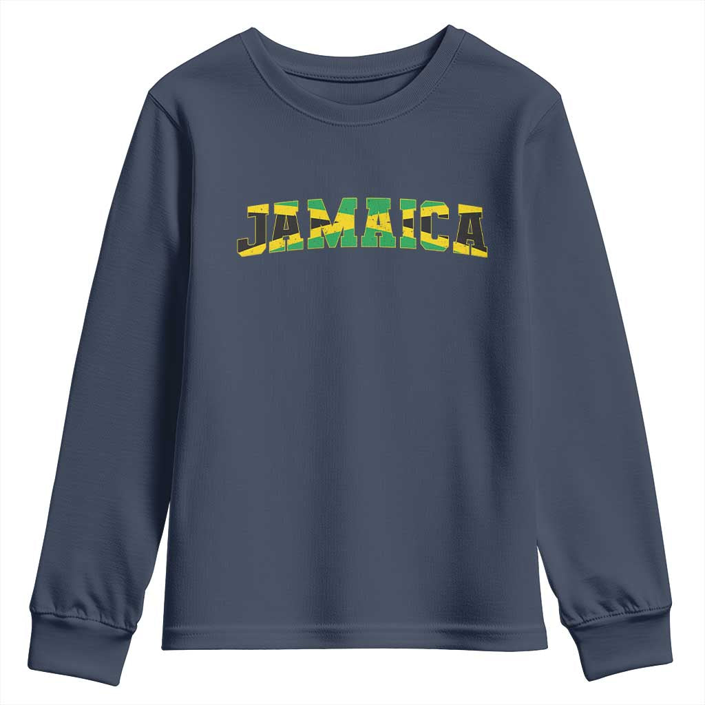 Jamaican Pride Youth Sweatshirt Retro Jamaica Flag Distressed Varsity Lettering Style TS10 Navy Print Your Wear