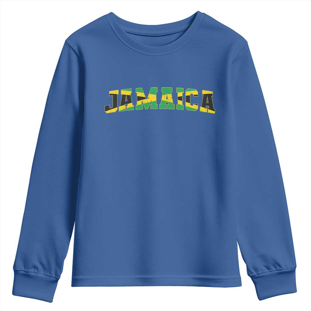 Jamaican Pride Youth Sweatshirt Retro Jamaica Flag Distressed Varsity Lettering Style TS10 Royal Blue Print Your Wear