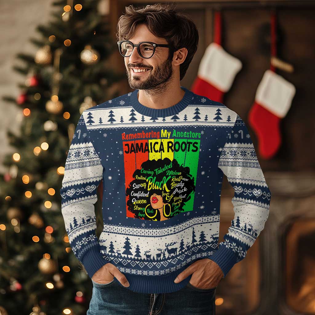 Proud Jamaican Afro Black Woman Ugly Christmas Sweater Remembering My Ancestors Jamaica Pride TS10 Navy Beige Print Your Wear