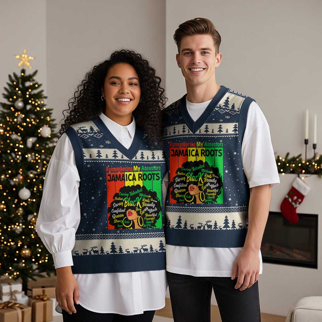 Proud Jamaican Afro Black Woman V-Neck Knit Sweater Vest Remembering My Ancestors Jamaica Pride TS10 Navy Beige Print Your Wear