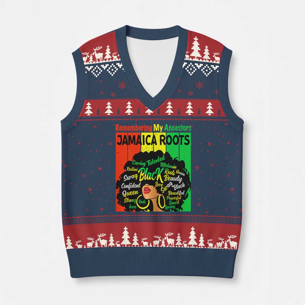 Proud Jamaican Afro Black Woman V-Neck Knit Sweater Vest Remembering My Ancestors Jamaica Pride TS10 Navy Red Print Your Wear