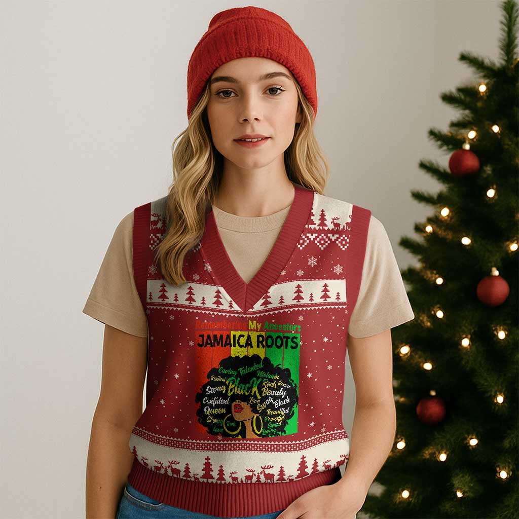 Proud Jamaican Afro Black Woman V-Neck Knit Sweater Vest Remembering My Ancestors Jamaica Pride TS10 Red Beige Print Your Wear