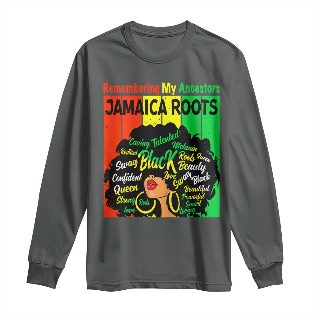 Proud Jamaican Afro Black Woman Long Sleeve Shirt Remembering My Ancestors Jamaica Pride TS10 Dark Heather Print Your Wear