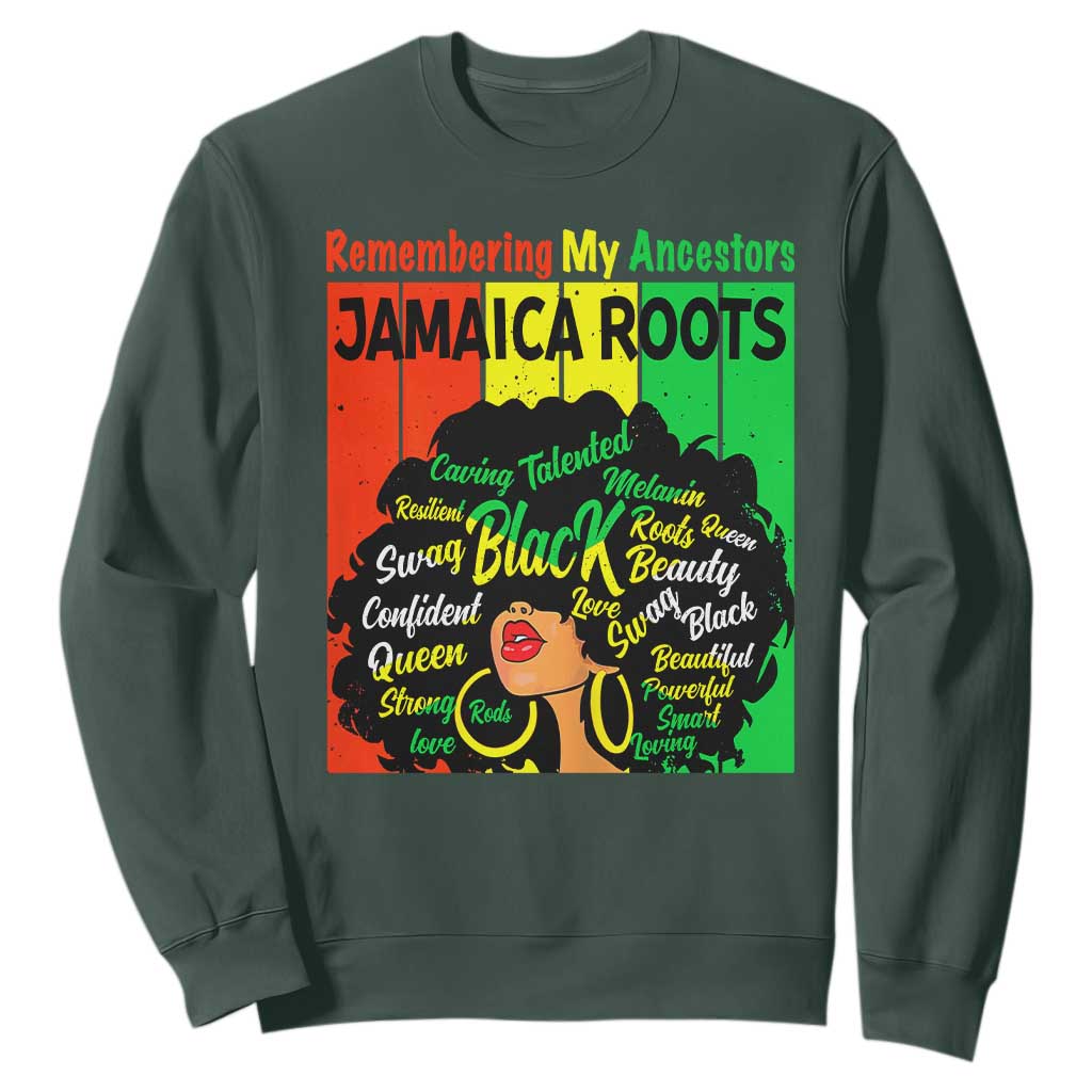 Proud Jamaican Afro Black Woman Sweatshirt Remembering My Ancestors Jamaica Pride TS10 Dark Forest Green Print Your Wear