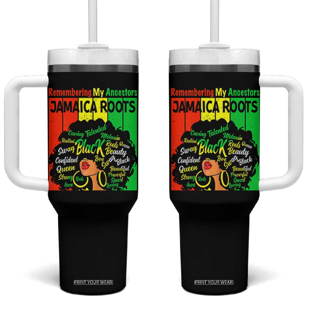 Proud Jamaican Afro Black Woman Tumbler With Handle Remembering My Ancestors Jamaica Pride TS10 One Size: 40 oz Black Print Your Wear