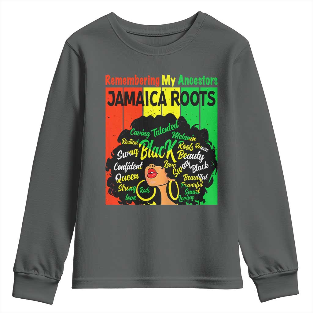 Proud Jamaican Afro Black Woman Youth Sweatshirt Remembering My Ancestors Jamaica Pride TS10 Dark Heather Print Your Wear