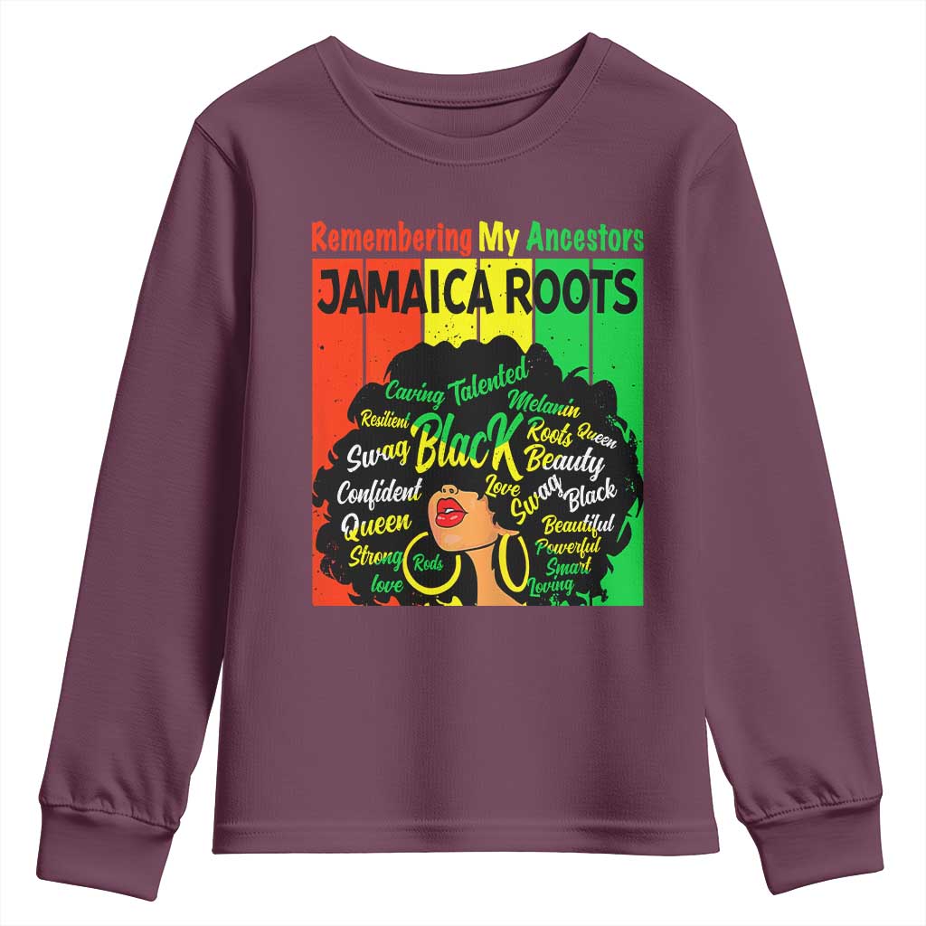 Proud Jamaican Afro Black Woman Youth Sweatshirt Remembering My Ancestors Jamaica Pride TS10 Maroon Print Your Wear