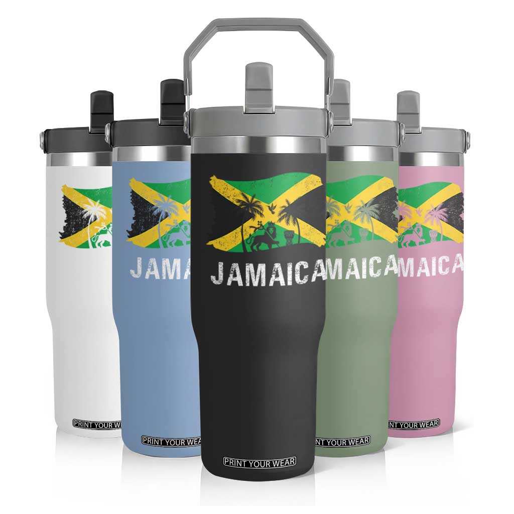 Jamaica Flip Straw Tumbler Retro Vintage Jamaican Pride Flag Lion Of Judah TS10 Print Your Wear