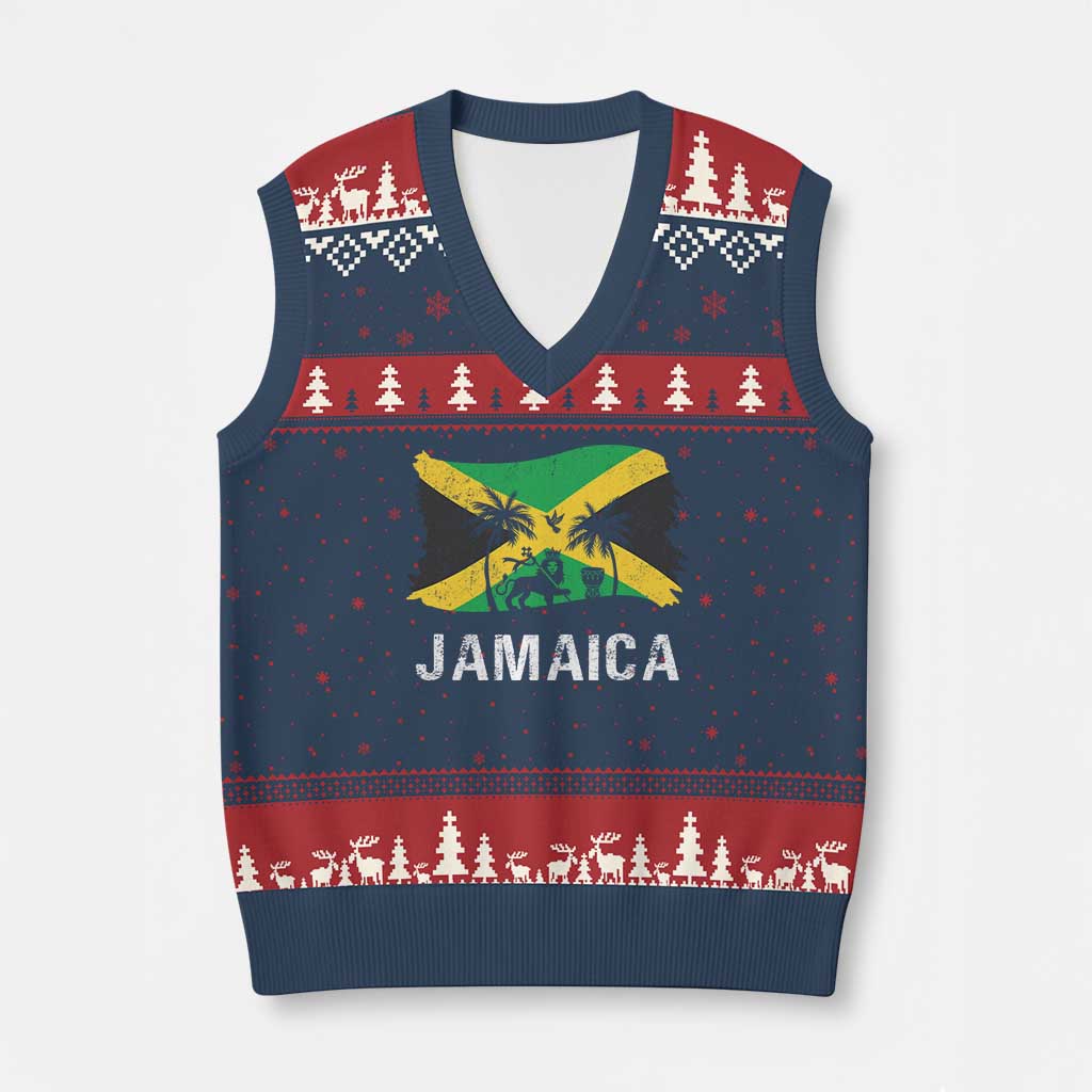 Jamaica V-Neck Knit Sweater Vest Retro Vintage Jamaican Pride Flag Lion Of Judah TS10 Navy Red Print Your Wear