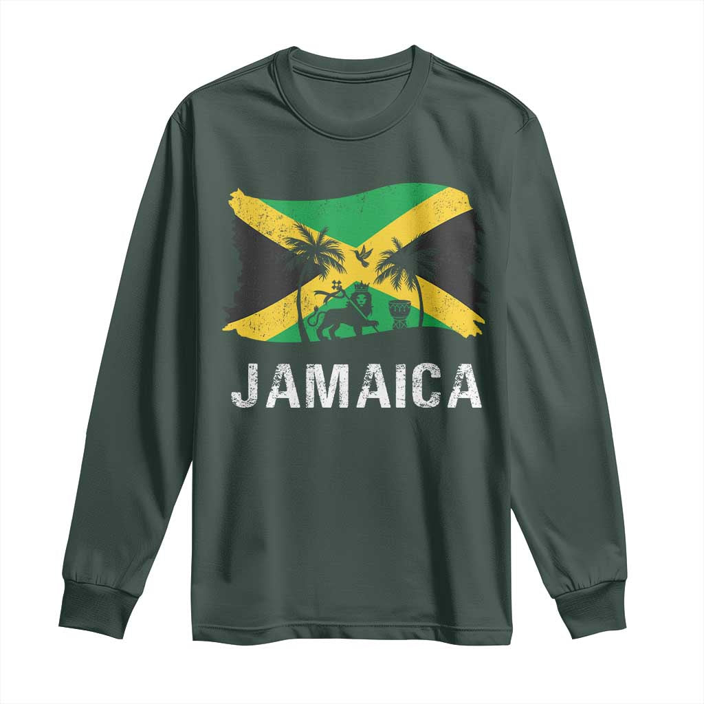 Jamaica Long Sleeve Shirt Retro Vintage Jamaican Pride Flag Lion Of Judah TS10 Dark Forest Green Print Your Wear