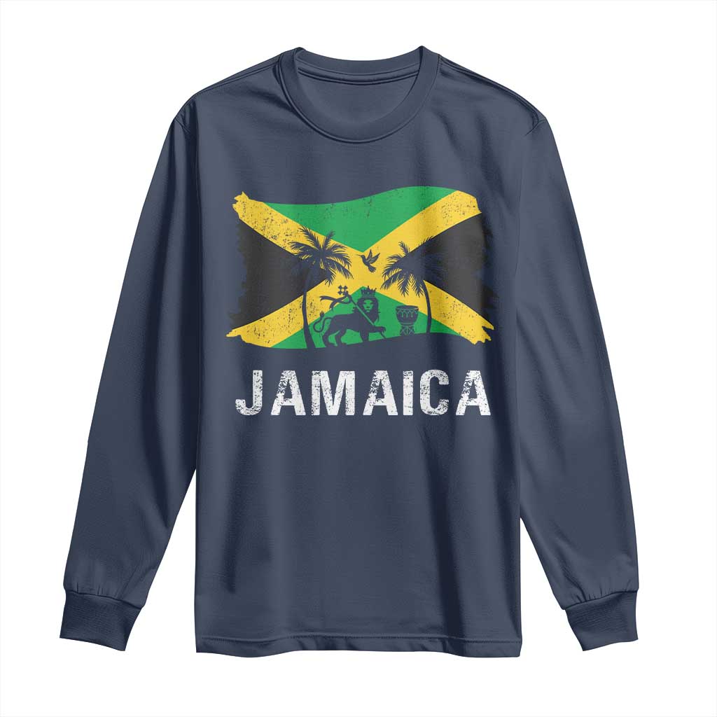 Jamaica Long Sleeve Shirt Retro Vintage Jamaican Pride Flag Lion Of Judah TS10 Navy Print Your Wear