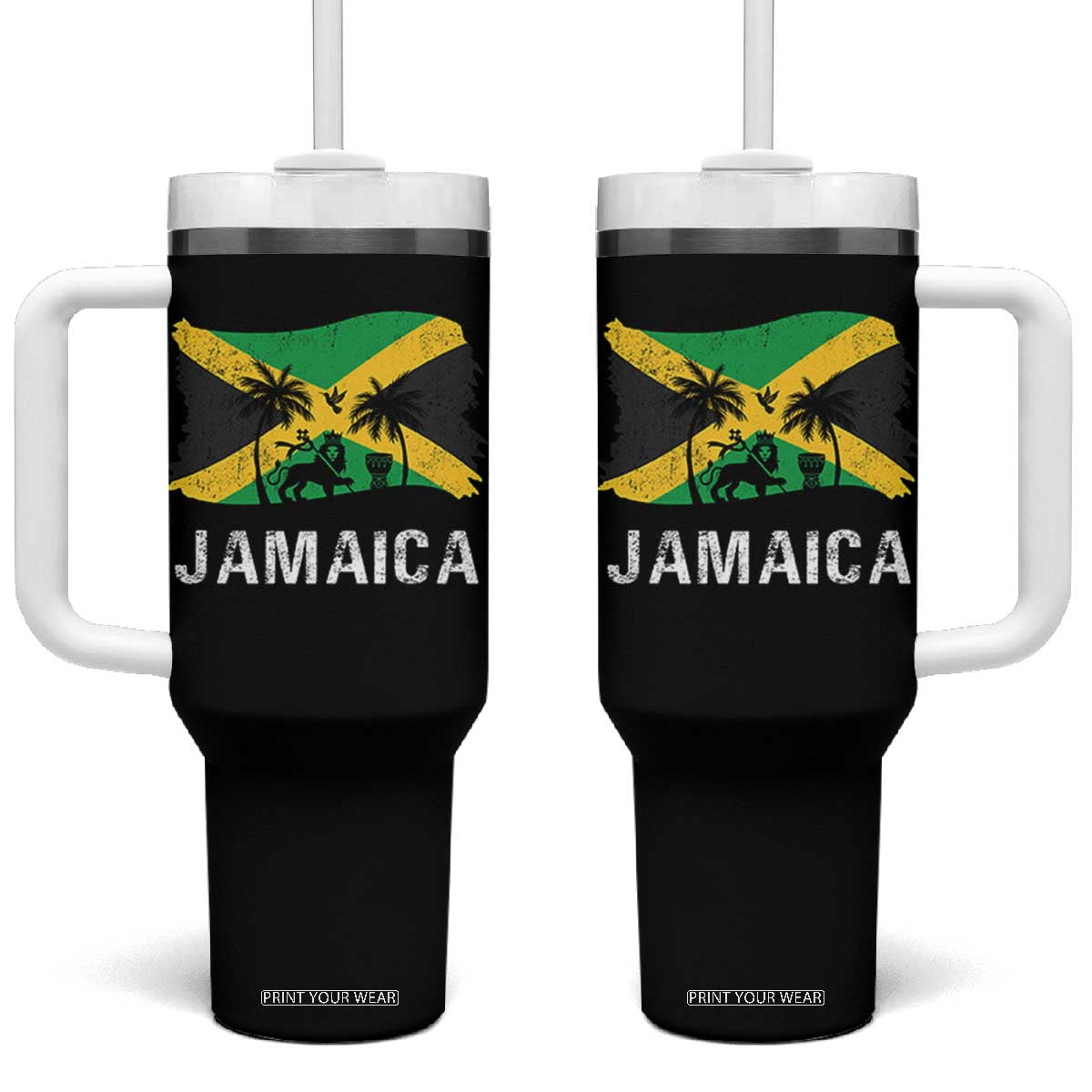 Jamaica Tumbler With Handle Retro Vintage Jamaican Pride Flag Lion Of Judah TS10 One Size: 40 oz Black Print Your Wear