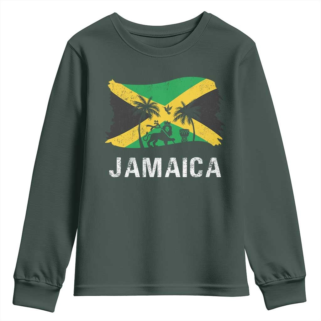Jamaica Youth Sweatshirt Retro Vintage Jamaican Pride Flag Lion Of Judah TS10 Dark Forest Green Print Your Wear