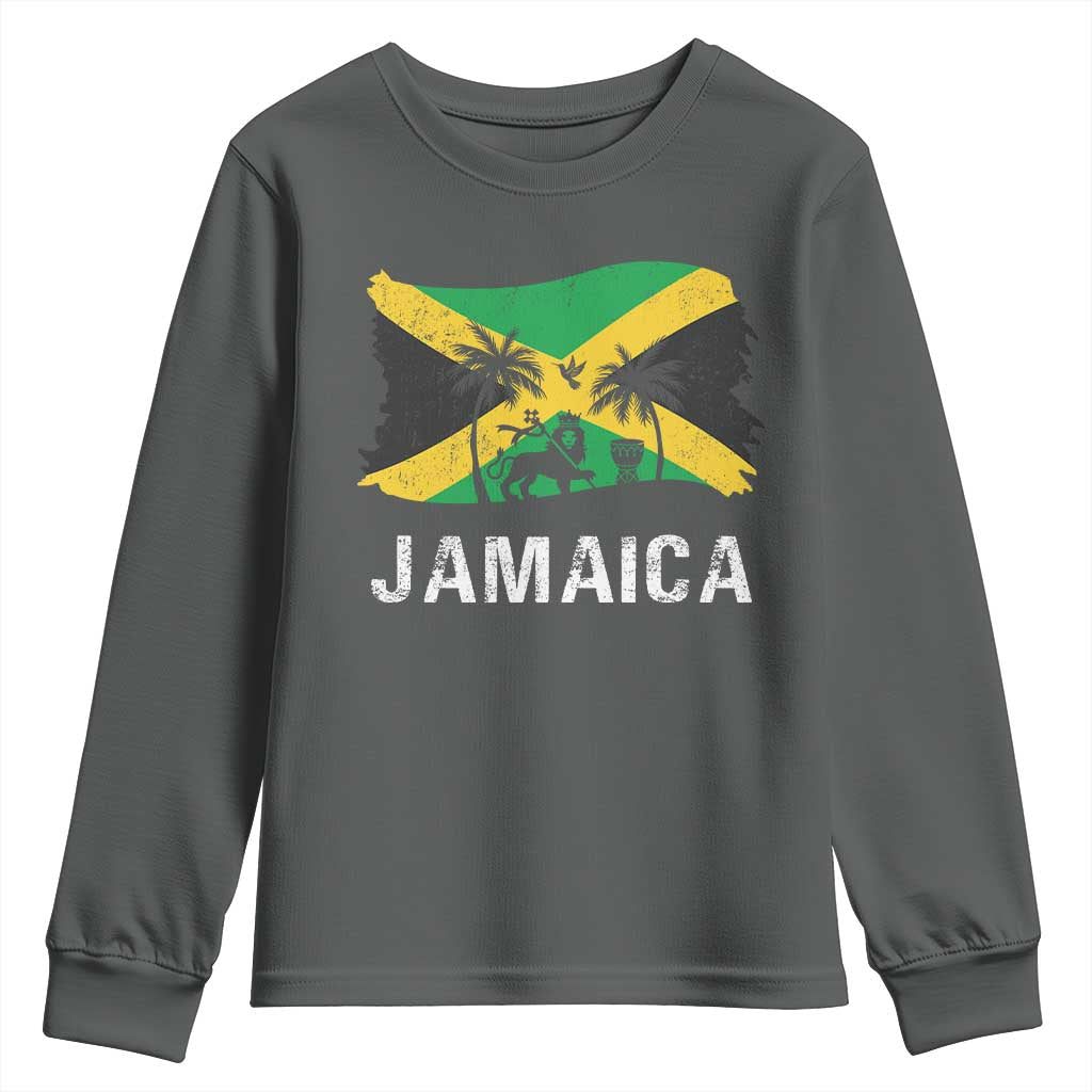 Jamaica Youth Sweatshirt Retro Vintage Jamaican Pride Flag Lion Of Judah TS10 Dark Heather Print Your Wear
