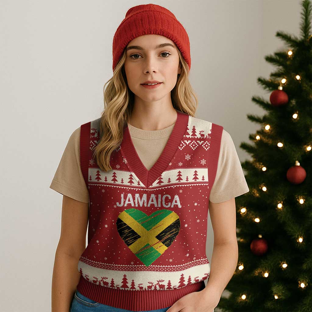 Jamaican Heart Flag V-Neck Knit Sweater Vest Patriotic Jamaica Girls Proud Jamaican Roots TS10 Red Beige Print Your Wear