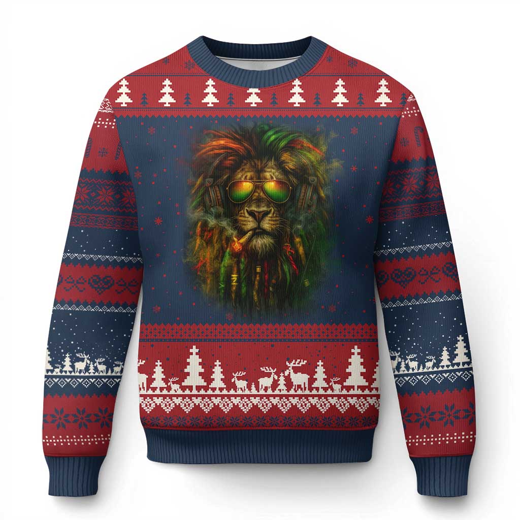 Rasta Reggae Lion Smoking Weed Ugly Christmas Sweater Jamaican Reggae Music and Weed Lovers TS10 Navy Red Print Your Wear