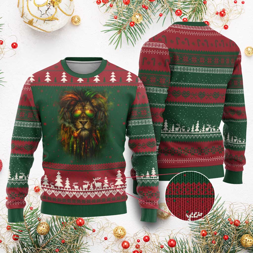 Rasta Reggae Lion Smoking Weed Ugly Christmas Sweater Jamaican Reggae Music and Weed Lovers TS10 Red Green Print Your Wear