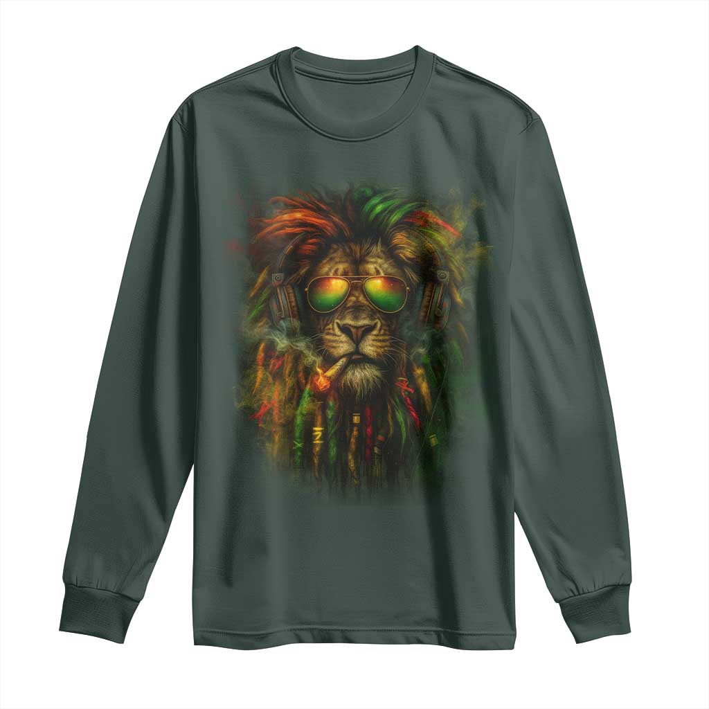 Rasta Reggae Lion Smoking Weed Long Sleeve Shirt Jamaican Reggae Music and Weed Lovers TS10 Dark Forest Green Print Your Wear