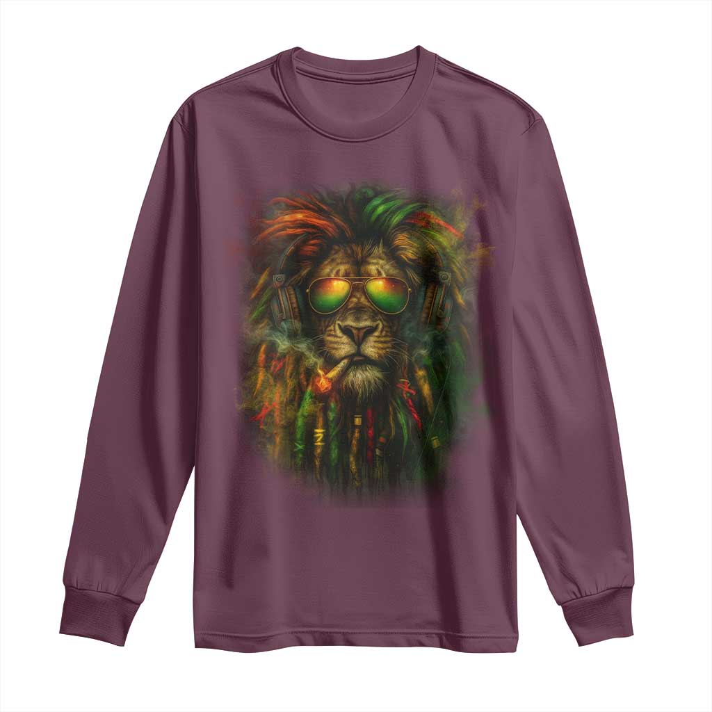 Rasta Reggae Lion Smoking Weed Long Sleeve Shirt Jamaican Reggae Music and Weed Lovers TS10 Maroon Print Your Wear