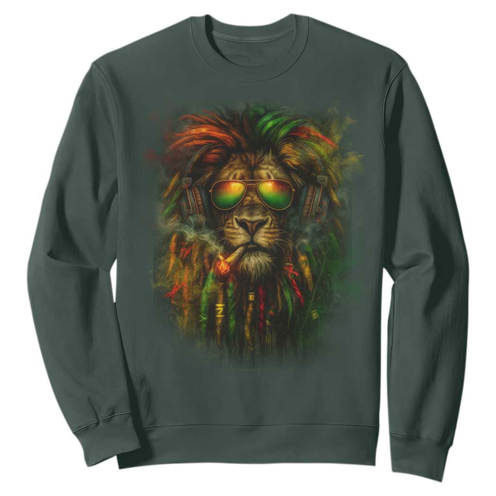 Rasta Reggae Lion Smoking Weed Sweatshirt Jamaican Reggae Music and Weed Lovers TS10 Dark Forest Green Print Your Wear