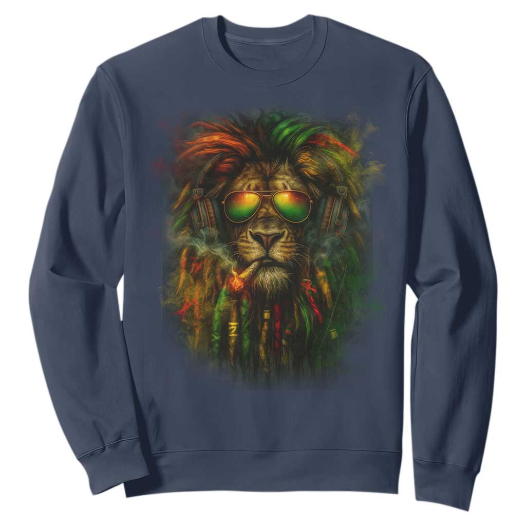 Rasta Reggae Lion Smoking Weed Sweatshirt Jamaican Reggae Music and Weed Lovers TS10 Navy Print Your Wear