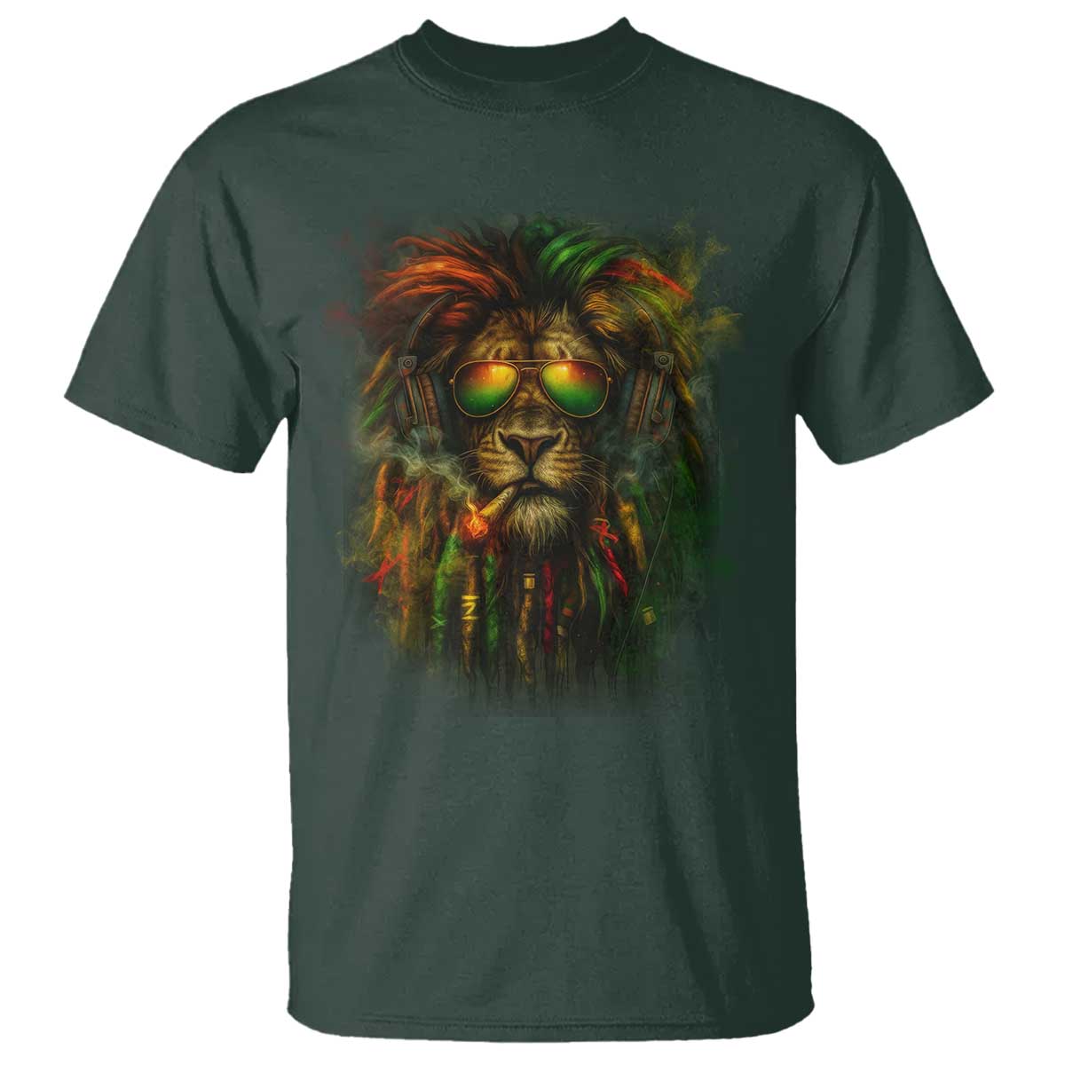 Rasta Reggae Lion Smoking Weed T Shirt Jamaican Reggae Music and Weed Lovers TS10 Dark Forest Green Print Your Wear
