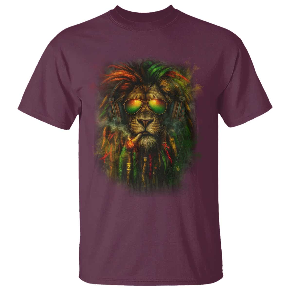 Rasta Reggae Lion Smoking Weed T Shirt Jamaican Reggae Music and Weed Lovers TS10 Maroon Print Your Wear