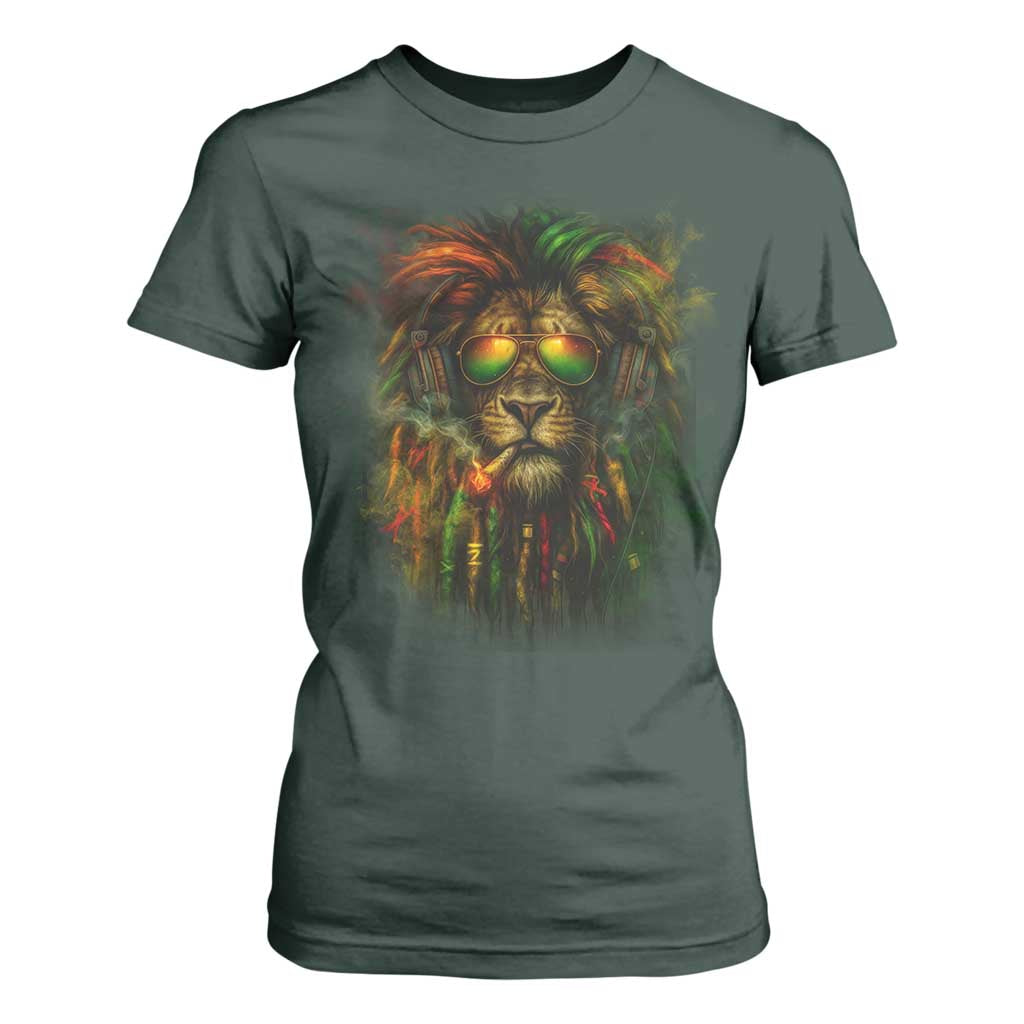 Rasta Reggae Lion Smoking Weed T Shirt For Women Jamaican Reggae Music and Weed Lovers TS10 Dark Forest Green Print Your Wear