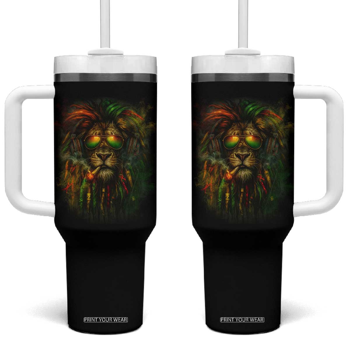 Rasta Reggae Lion Smoking Weed Tumbler With Handle Jamaican Reggae Music and Weed Lovers TS10 One Size: 40 oz Black Print Your Wear