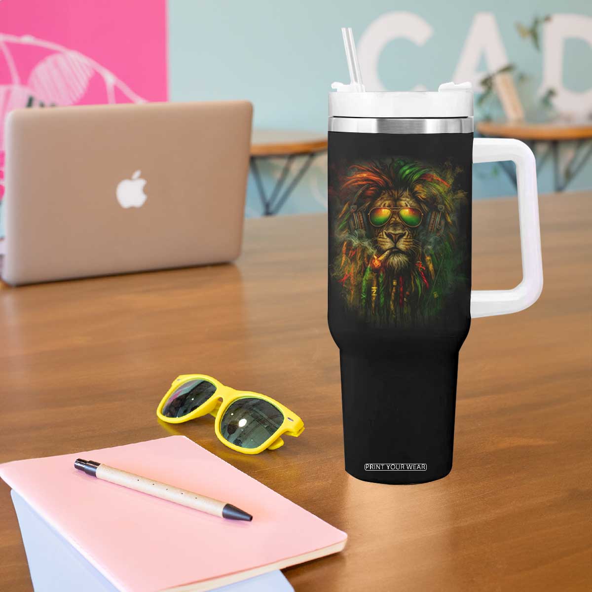 Rasta Reggae Lion Smoking Weed Tumbler With Handle Jamaican Reggae Music and Weed Lovers TS10 Print Your Wear