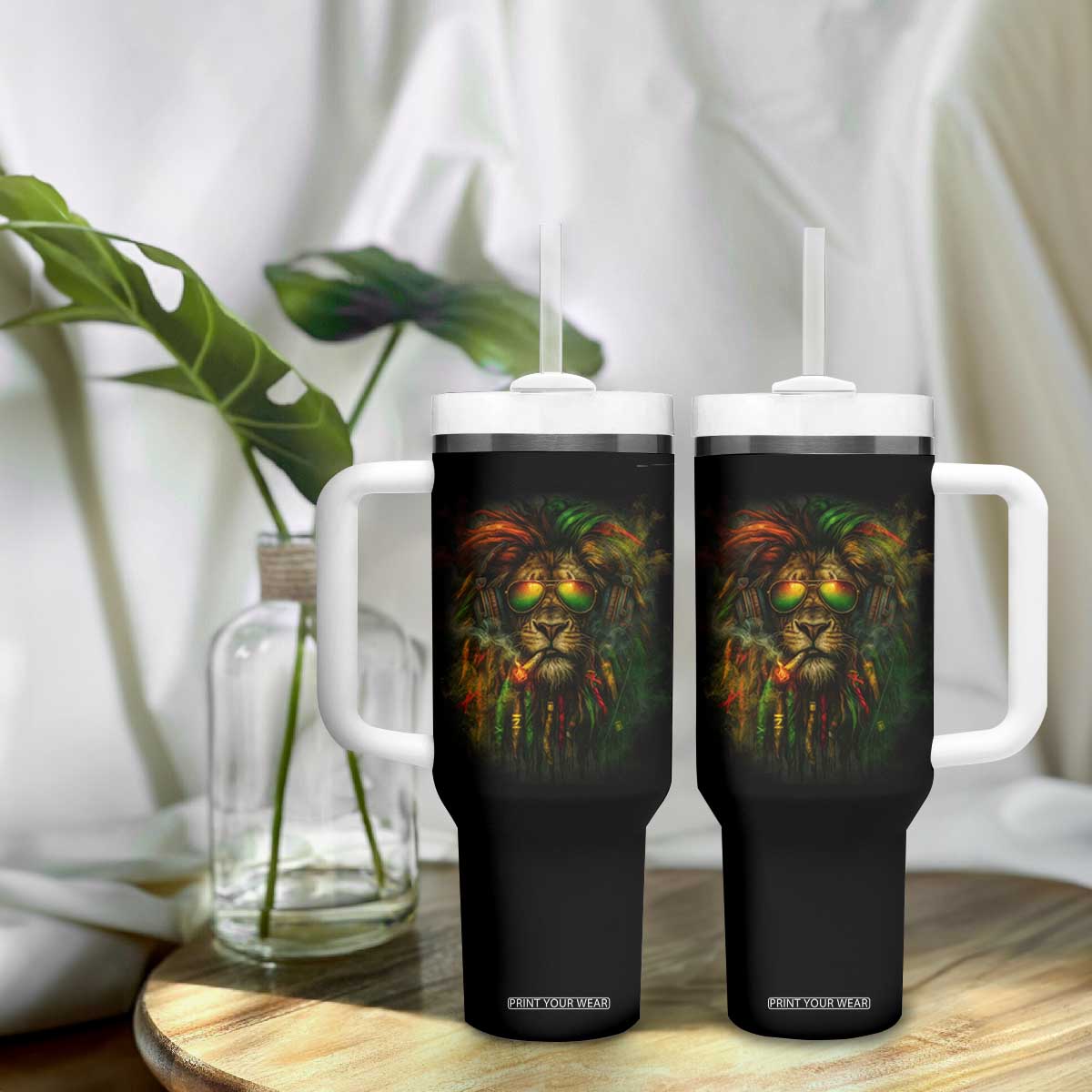 Rasta Reggae Lion Smoking Weed Tumbler With Handle Jamaican Reggae Music and Weed Lovers TS10 Print Your Wear