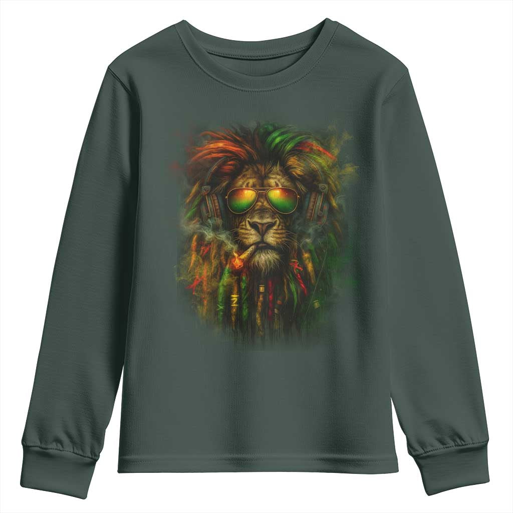 Rasta Reggae Lion Smoking Weed Youth Sweatshirt Jamaican Reggae Music and Weed Lovers TS10 Dark Forest Green Print Your Wear