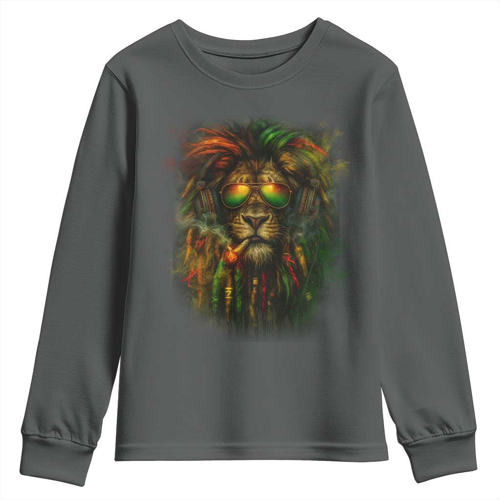 Rasta Reggae Lion Smoking Weed Youth Sweatshirt Jamaican Reggae Music and Weed Lovers TS10 Dark Heather Print Your Wear