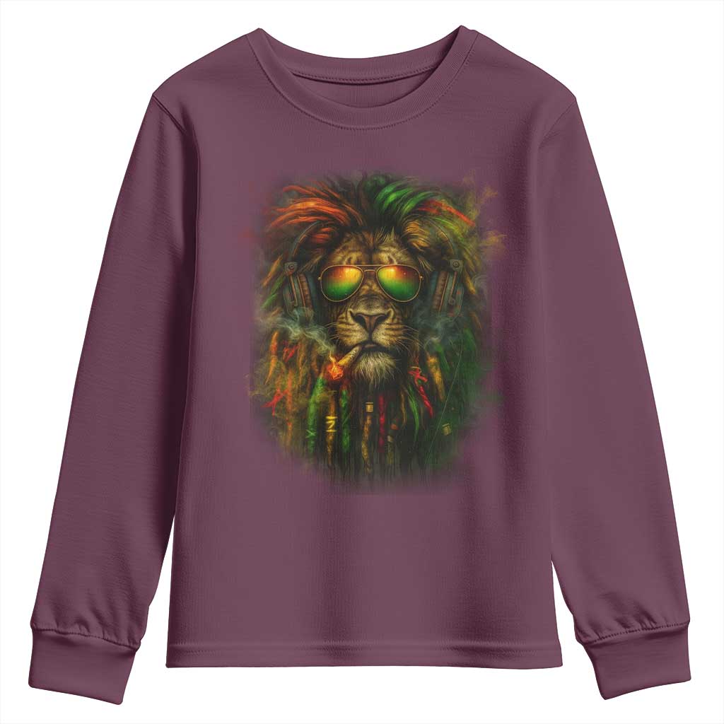 Rasta Reggae Lion Smoking Weed Youth Sweatshirt Jamaican Reggae Music and Weed Lovers TS10 Maroon Print Your Wear