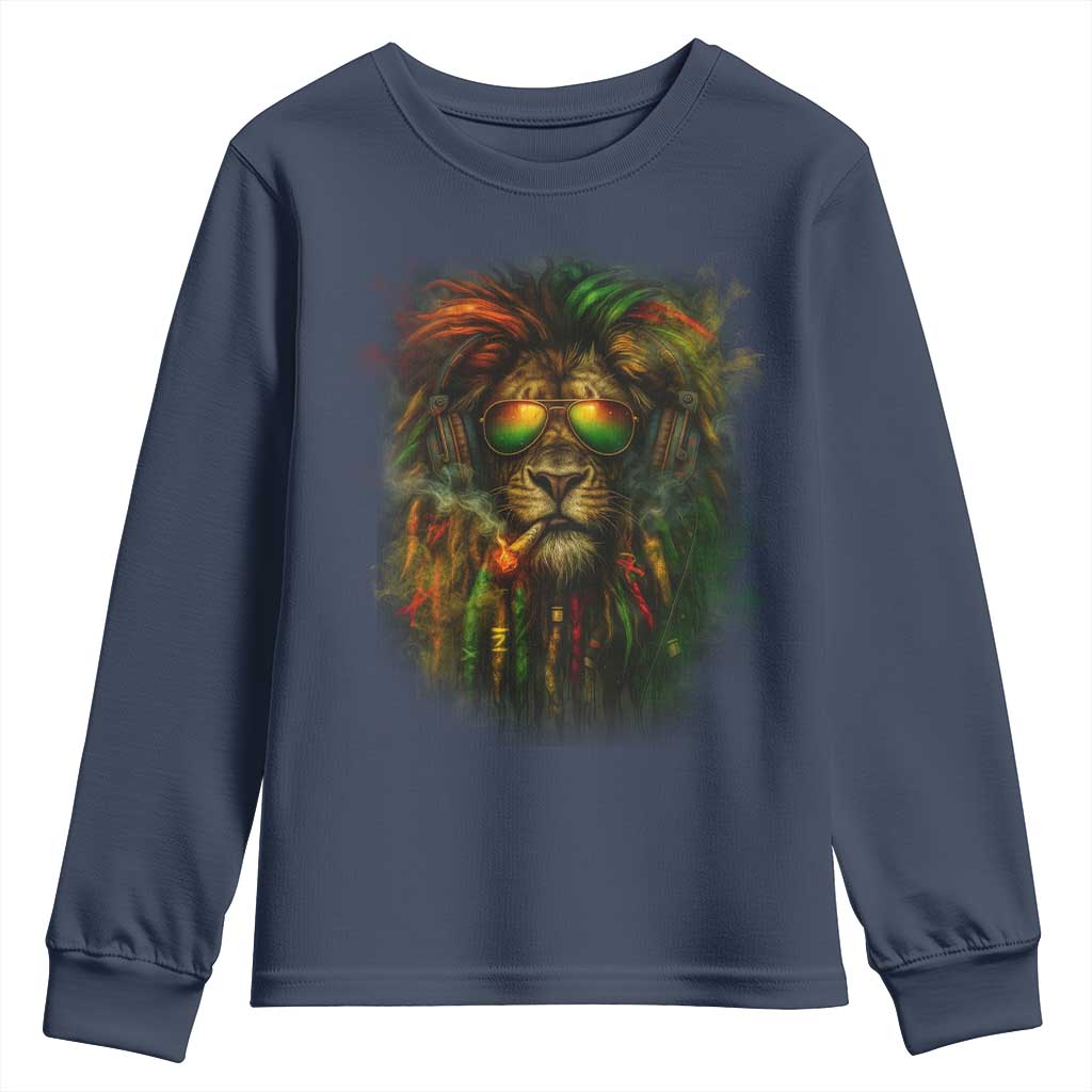 Rasta Reggae Lion Smoking Weed Youth Sweatshirt Jamaican Reggae Music and Weed Lovers TS10 Navy Print Your Wear