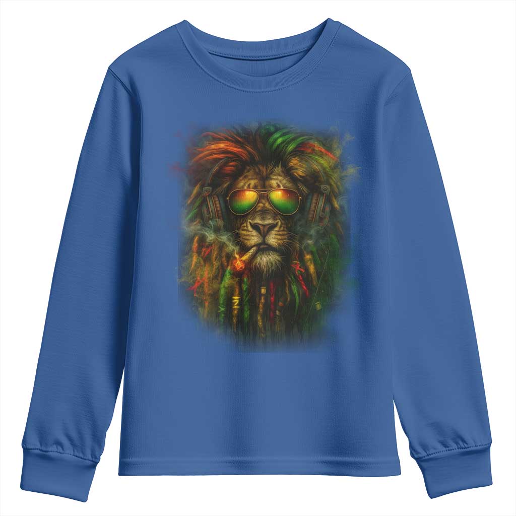Rasta Reggae Lion Smoking Weed Youth Sweatshirt Jamaican Reggae Music and Weed Lovers TS10 Royal Blue Print Your Wear