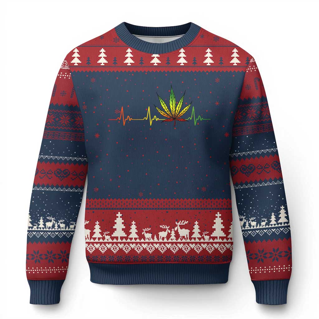 Reggae Weed Ugly Christmas Sweater Rasta Marijuana Leaf Heartbeat Weed Lovers 420 TS10 Navy Red Print Your Wear