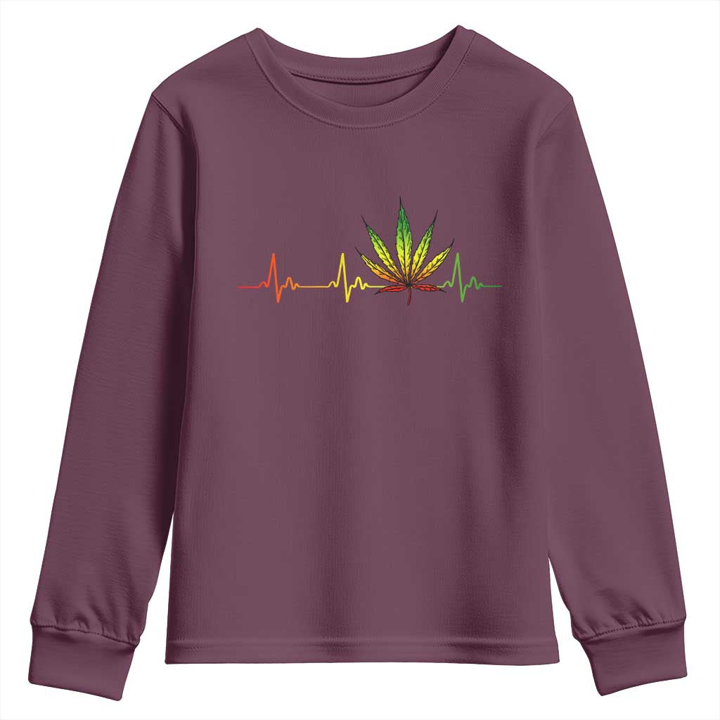 Reggae Weed Youth Sweatshirt Rasta Marijuana Leaf Heartbeat Weed Lovers 420 TS10 Maroon Print Your Wear