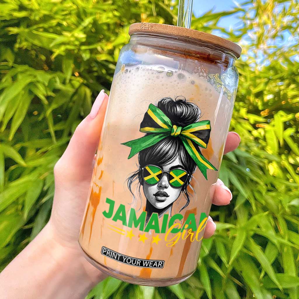 Proud Jamaican Girl Glass Can Jamaica Messy Bun Retro Vintage Jamaican Flag TS10 White Print Your Wear