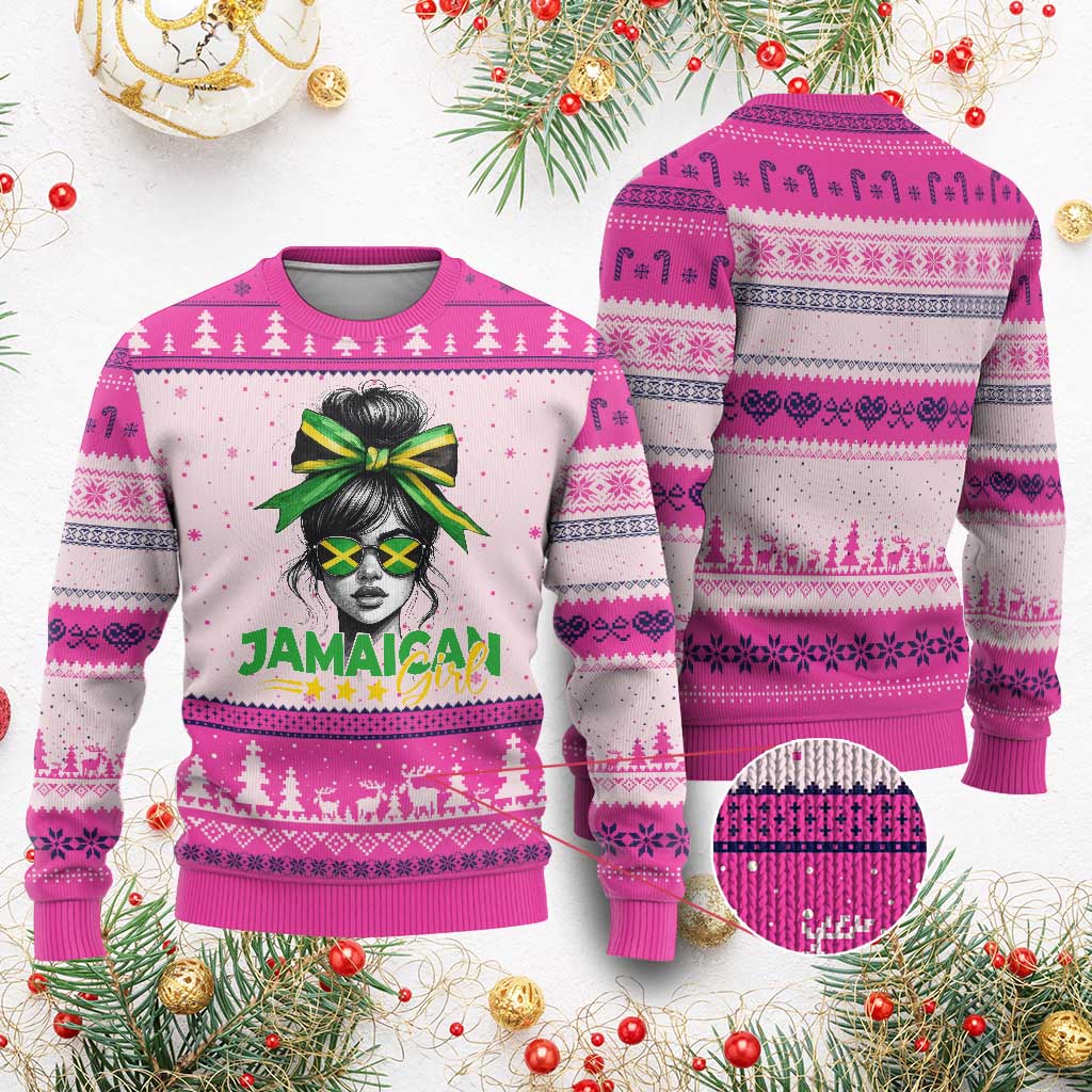 Proud Jamaican Girl Ugly Christmas Sweater Jamaica Messy Bun Retro Vintage Jamaican Flag TS10 Hot Pink Print Your Wear