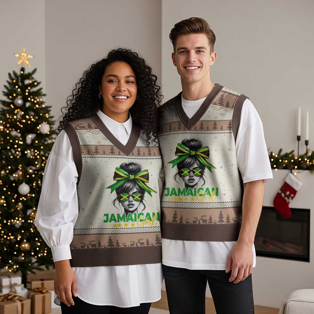 Proud Jamaican Girl V-Neck Knit Sweater Vest Jamaica Messy Bun Retro Vintage Jamaican Flag TS10 Mocha Mousse Print Your Wear