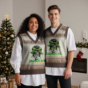Proud Jamaican Girl V-Neck Knit Sweater Vest Jamaica Messy Bun Retro Vintage Jamaican Flag TS10 Mocha Mousse Print Your Wear