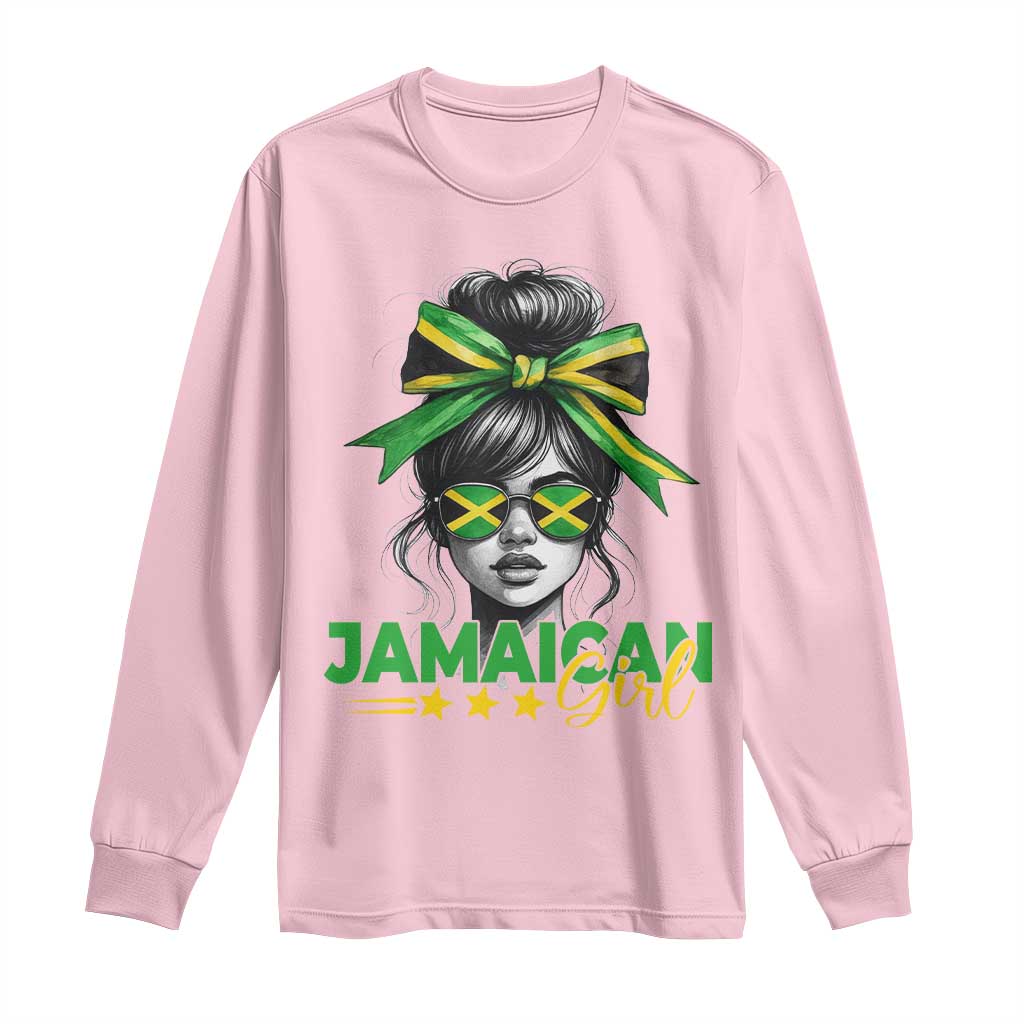 Proud Jamaican Girl Long Sleeve Shirt Jamaica Messy Bun Retro Vintage Jamaican Flag TS10 Light Pink Print Your Wear