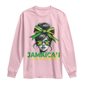 Proud Jamaican Girl Long Sleeve Shirt Jamaica Messy Bun Retro Vintage Jamaican Flag TS10 Light Pink Print Your Wear