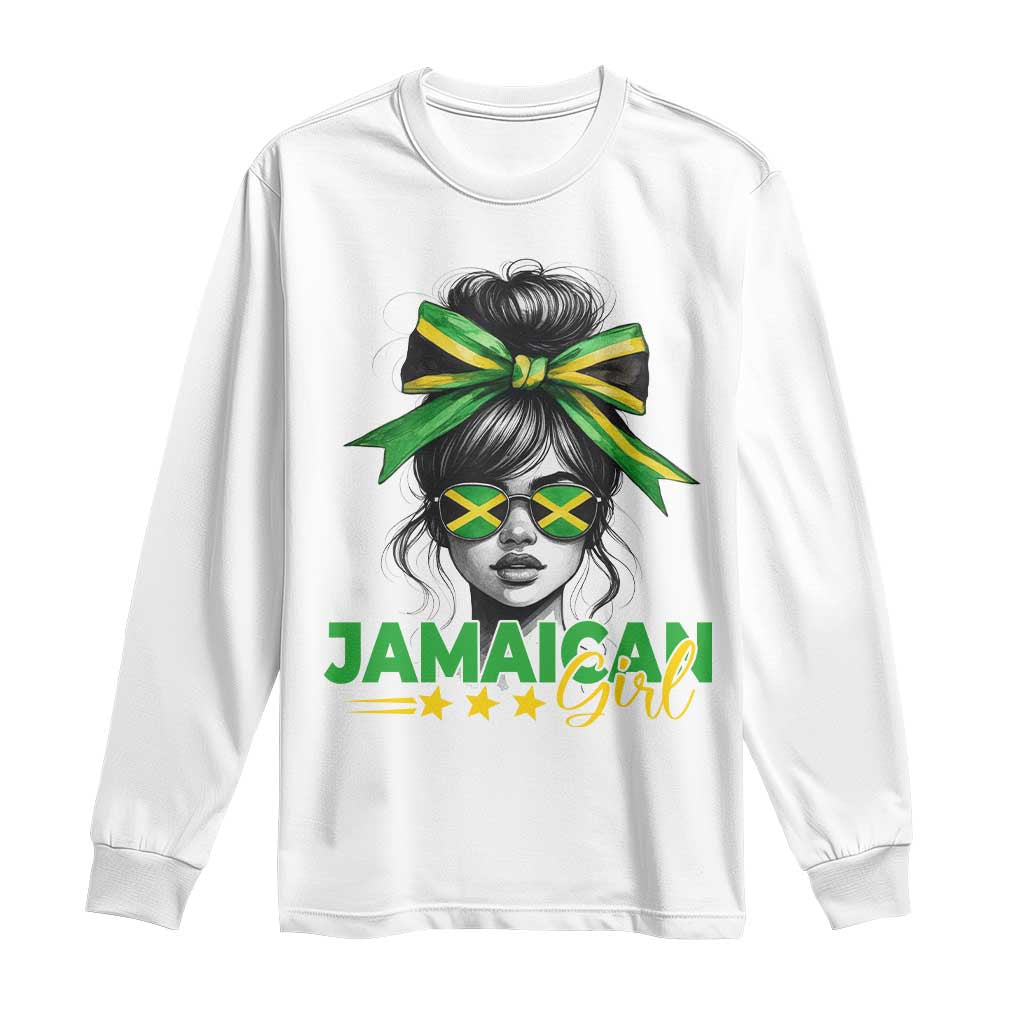 Proud Jamaican Girl Long Sleeve Shirt Jamaica Messy Bun Retro Vintage Jamaican Flag TS10 White Print Your Wear