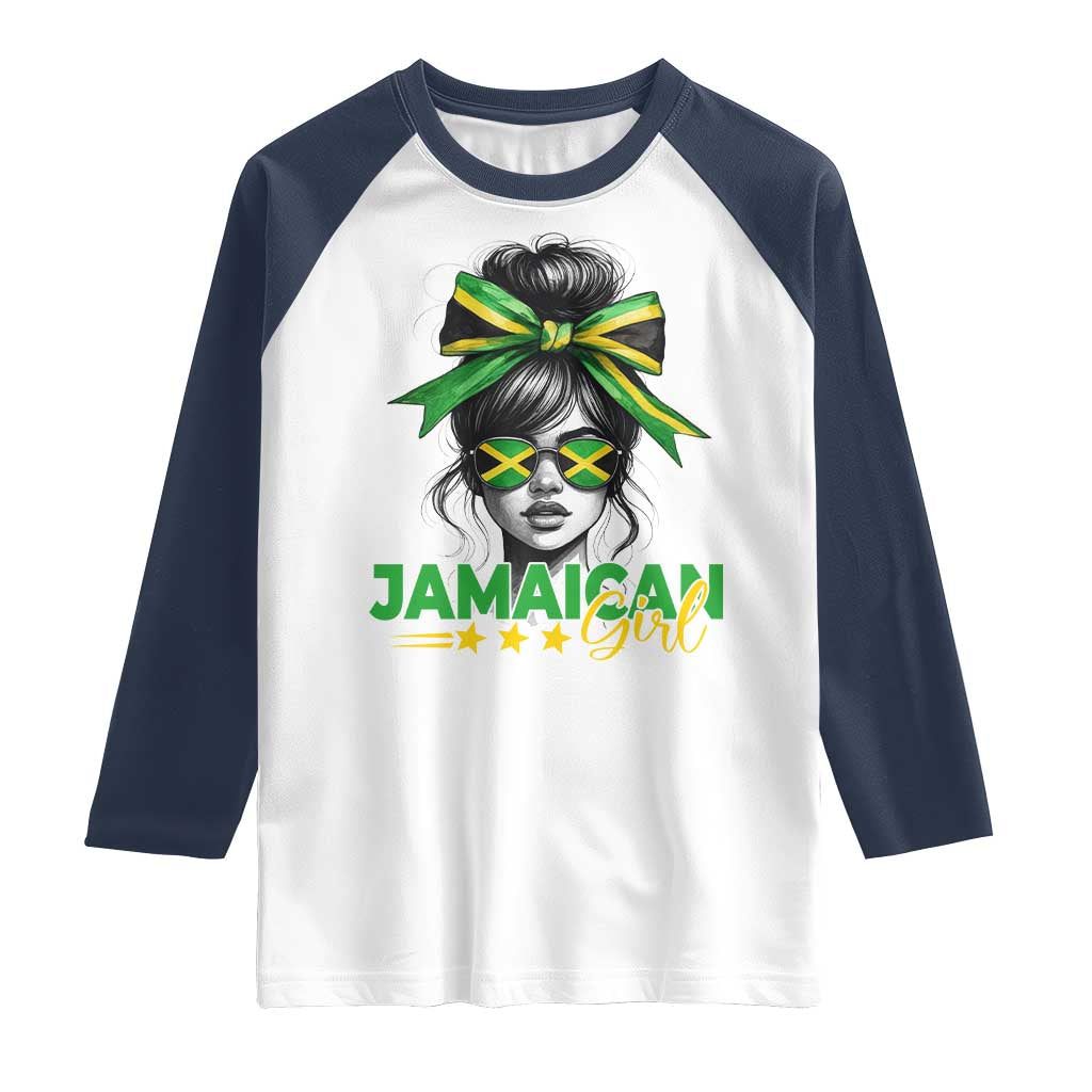 Proud Jamaican Girl Raglan Shirt Jamaica Messy Bun Retro Vintage Jamaican Flag TS10 White Navy Print Your Wear