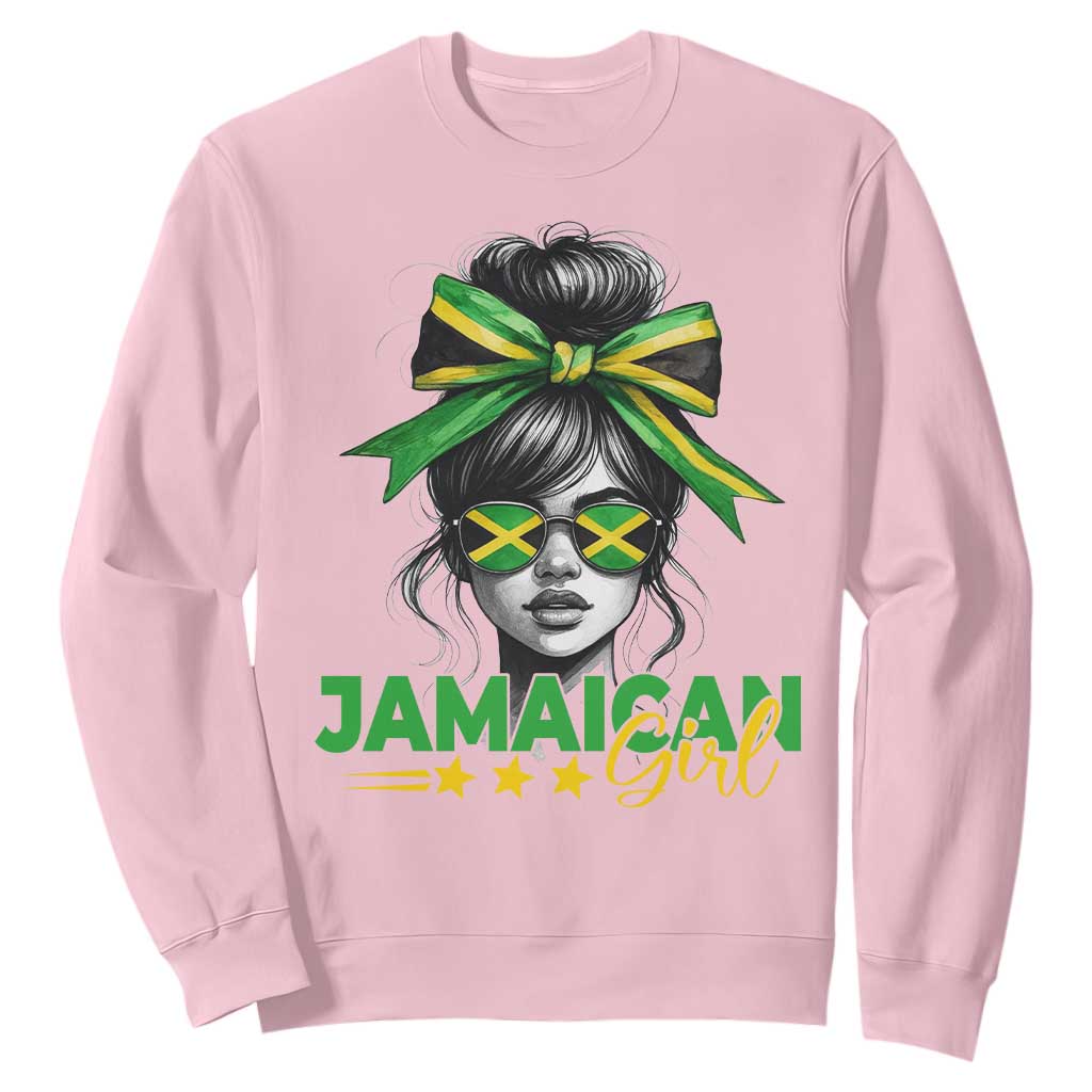 Proud Jamaican Girl Sweatshirt Jamaica Messy Bun Retro Vintage Jamaican Flag TS10 Light Pink Print Your Wear